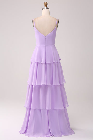 A Line Spaghetti Straps Tiered Chiffon Lilac Brudepigekjole med slids